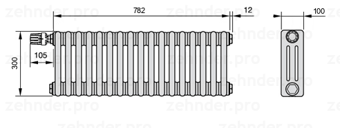 Схема (чертеж) Радиатор Zehnder Charleston 3030/17 №V011 Белый глянцевый RAL 9016